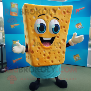 Cyan Grilled Cheese Sandwich mascot costume character dressed with a Swimwear and Shawl pins