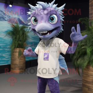 Lavender Barracuda mascot costume character dressed with a Henley Tee and Necklaces