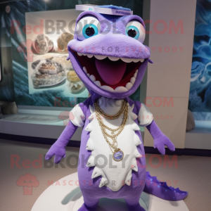 Lavender Barracuda mascot costume character dressed with a Henley Tee and Necklaces