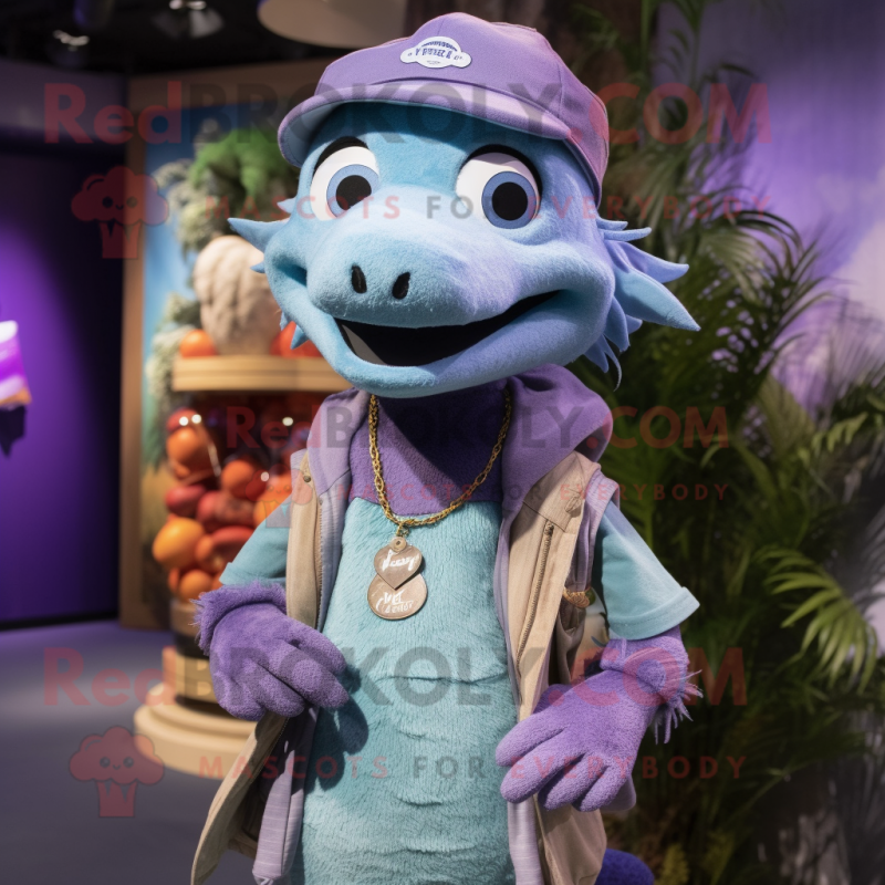 Lavender Barracuda mascot costume character dressed with a Henley Tee and Necklaces Lavender Barracuda mascot costume character dressed with a Henley Tee and Necklaces