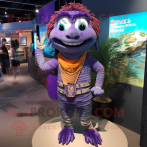 Lavender Barracuda mascot costume character dressed with a Henley Tee and Necklaces