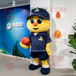 Navy Mango mascot costume character dressed with a Polo Shirt and Keychains