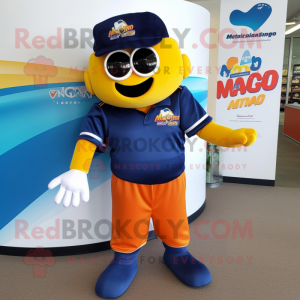 Navy Mango mascot costume character dressed with a Polo Shirt and Keychains
