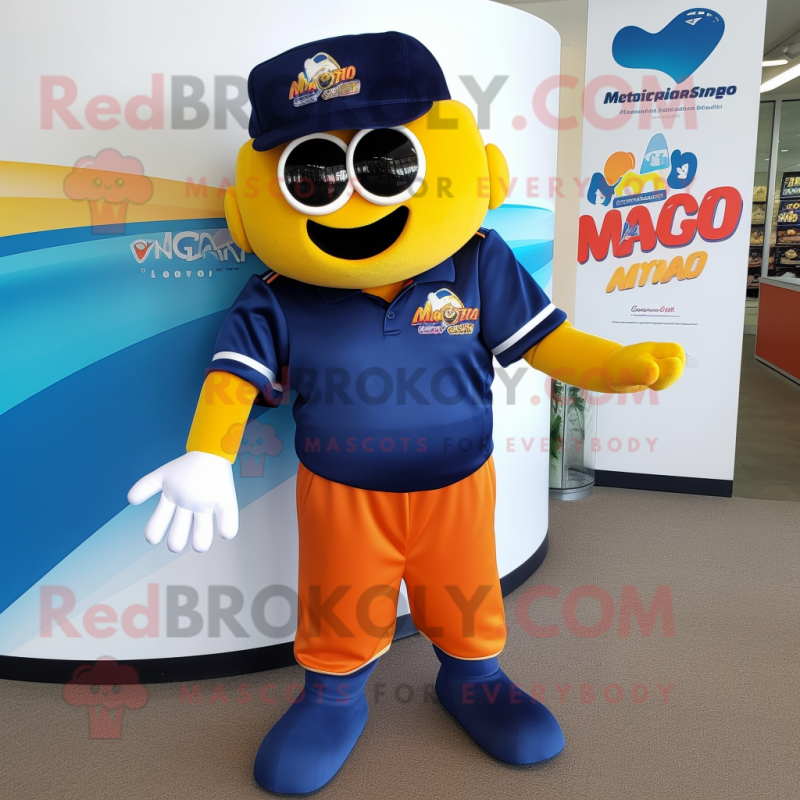 Navy Mango mascot costume character dressed with a Polo Shirt and Keychains