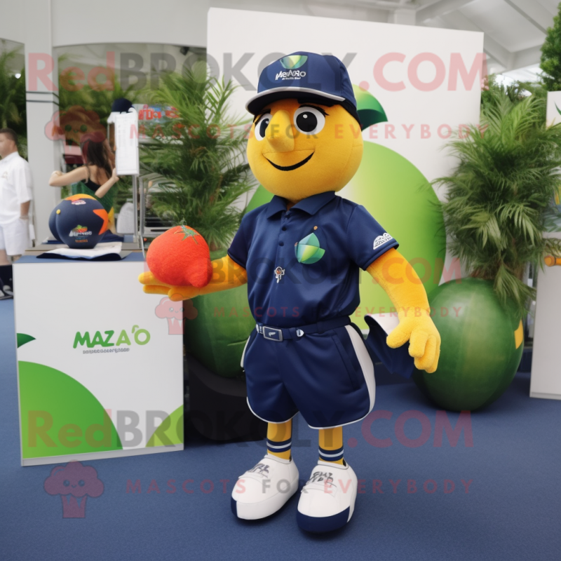 Navy Mango mascot costume character dressed with a Polo Shirt and Keychains