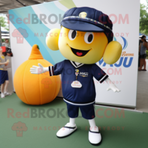 Navy Mango mascot costume character dressed with a Polo Shirt and Keychains