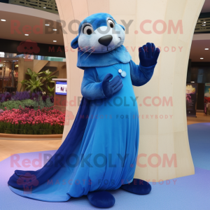 Blue Otter mascot costume character dressed with a Maxi Skirt and Clutch bags