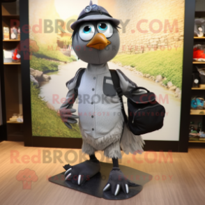 Silver Blackbird mascot costume character dressed with a Skinny Jeans and Messenger bags