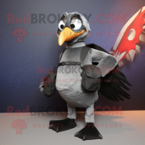 Silver Blackbird mascot costume character dressed with a Skinny Jeans and Messenger bags