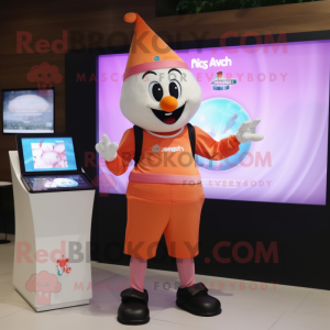 Peach Magician mascot costume character dressed with a T-Shirt and Digital watches