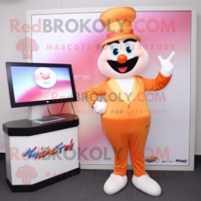 Peach Magician mascot costume character dressed with a T-Shirt and Digital watches