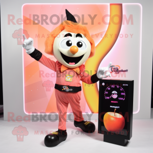 Peach Magician mascot costume character dressed with a T-Shirt and Digital watches