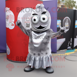 Gray Soda Can mascot costume character dressed with a Jumpsuit and Shawl pins