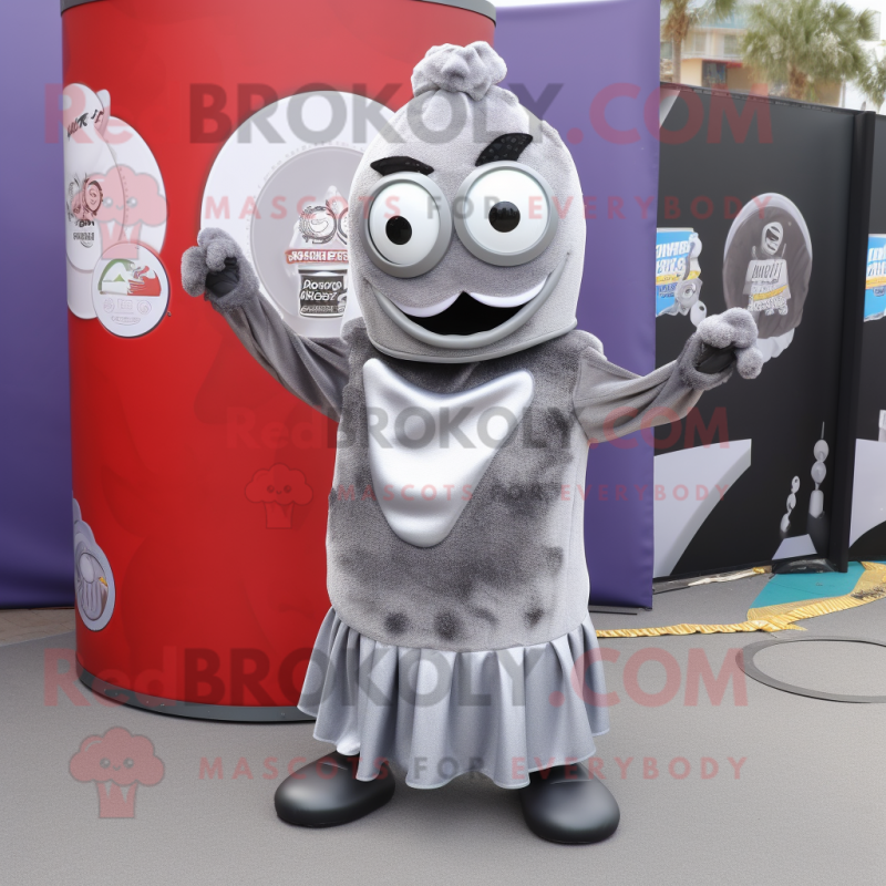 Gray Soda Can mascot costume character dressed with a Jumpsuit and Shawl pins Gray Soda Can mascot costume character dressed with a Jumpsuit and Shawl pins