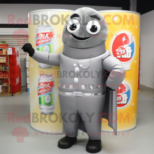 Gray Soda Can mascot costume character dressed with a Jumpsuit and Shawl pins