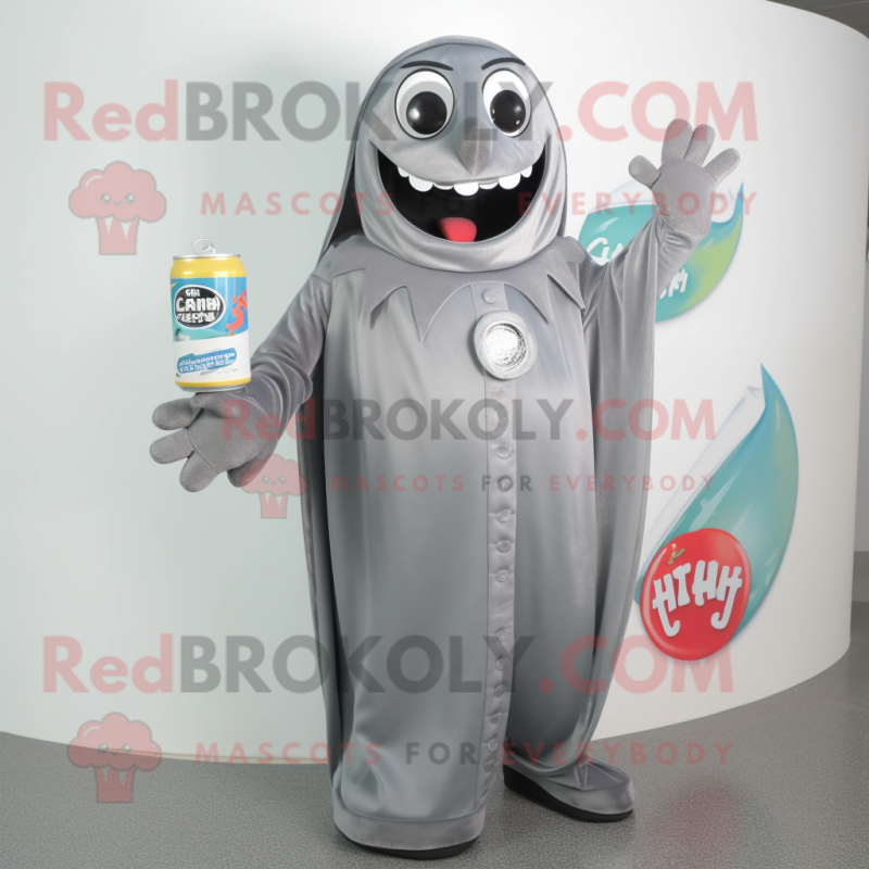 Gray Soda Can mascot costume character dressed with a Jumpsuit and Shawl pins