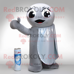 Gray Soda Can mascot costume character dressed with a Jumpsuit and Shawl pins