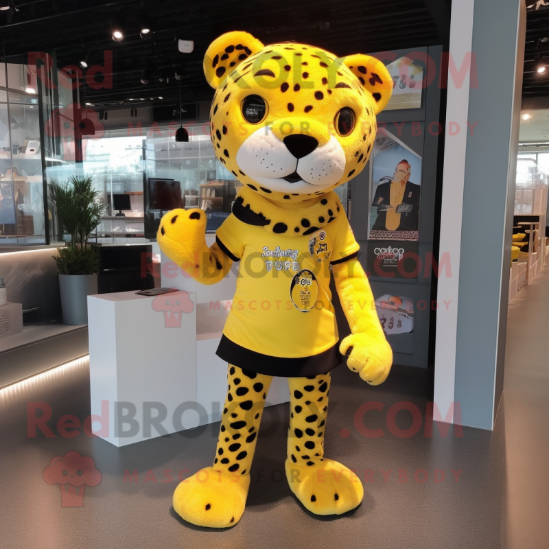 Yellow Leopard mascot costume character dressed with a Mini Skirt and Shoe laces Yellow Leopard mascot costume character dressed with a Mini Skirt and Shoe laces