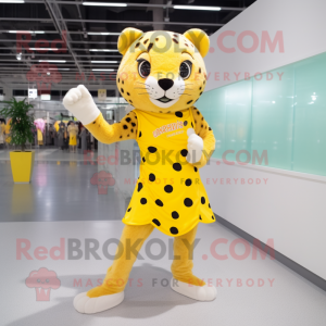 Yellow Leopard mascot costume character dressed with a Mini Skirt and Shoe laces