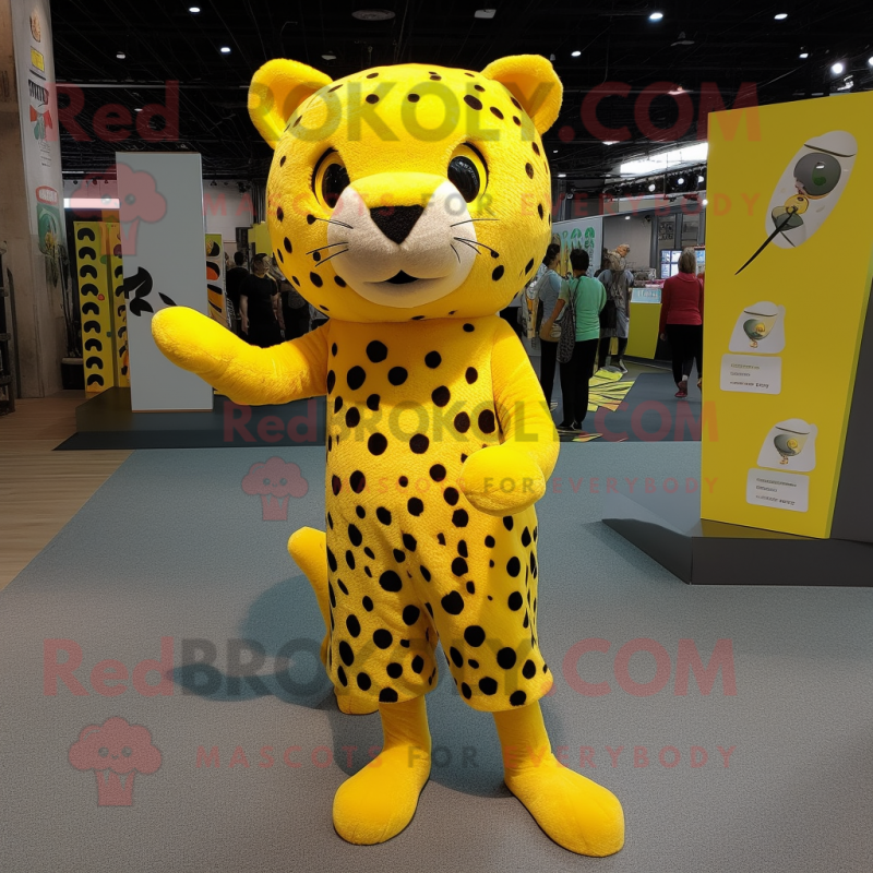 Yellow Leopard mascot costume character dressed with a Mini Skirt and Shoe laces Yellow Leopard mascot costume character dressed with a Mini Skirt and Shoe laces