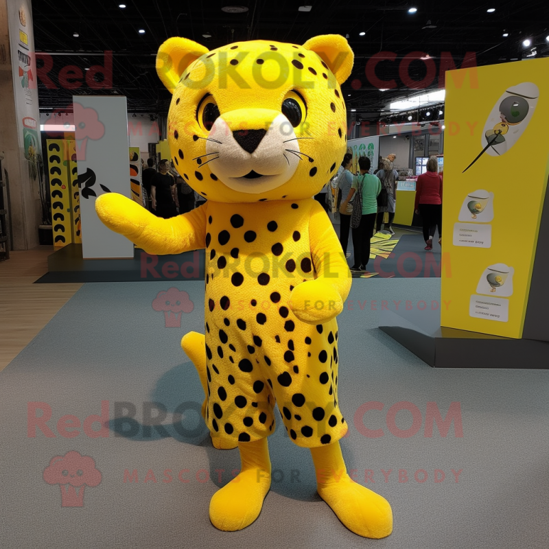 Yellow Leopard mascot costume character dressed with a Mini Skirt and Shoe laces