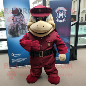 Maroon Marine Recon mascot costume character dressed with a T-Shirt and Shawls
