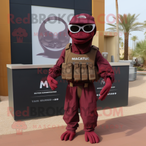 Maroon Marine Recon mascot costume character dressed with a T-Shirt and Shawls