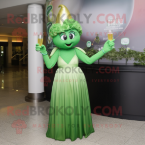 Green Champagne mascot costume character dressed with a Empire Waist Dress and Earrings
