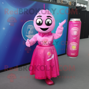 Pink Soda Can mascot costume character dressed with a Cocktail Dress and Smartwatches