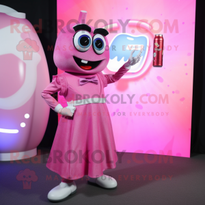 Pink Soda Can mascot costume character dressed with a Cocktail Dress and Smartwatches