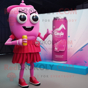 Pink Soda Can mascot costume character dressed with a Cocktail Dress and Smartwatches