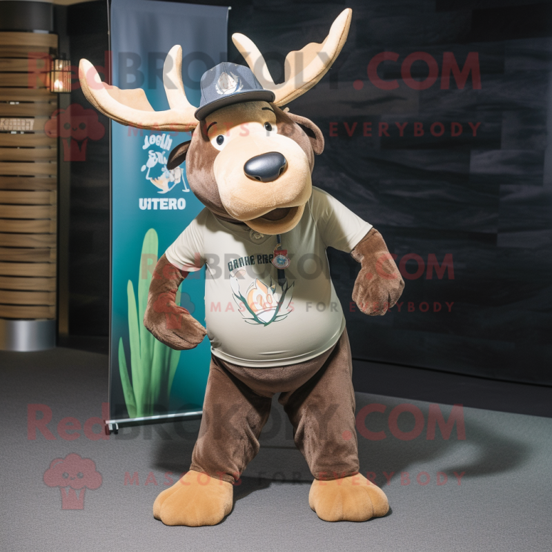 Tan Irish Elk mascot costume character dressed with a T-Shirt and Beanies