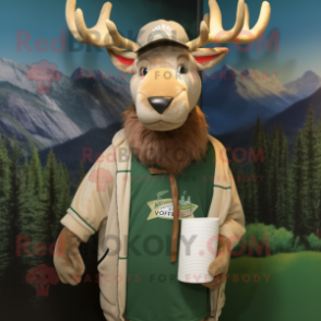 Tan Irish Elk mascot costume character dressed with a T-Shirt and Beanies