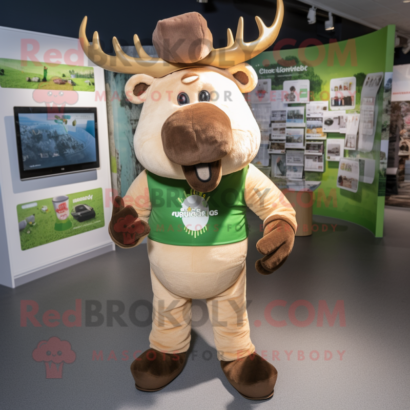 Tan Irish Elk mascot costume character dressed with a T-Shirt and Beanies