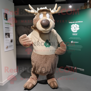 Tan Irish Elk mascot costume character dressed with a T-Shirt and Beanies
