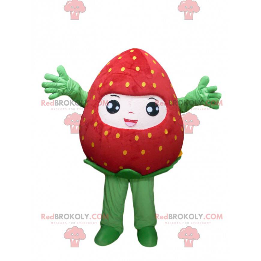 Mascotte de fraise très heureuse. Costume de fraise -