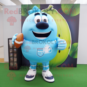 Sky Blue Melon mascot costume character dressed with a Rugby Shirt and Smartwatches
