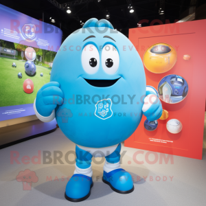 Sky Blue Melon mascot costume character dressed with a Rugby Shirt and Smartwatches