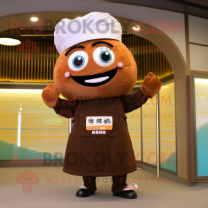 Brown Sushi mascot costume character dressed with a Polo Shirt and Brooches