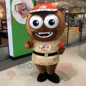 Brown Sushi mascot costume character dressed with a Polo Shirt and Brooches