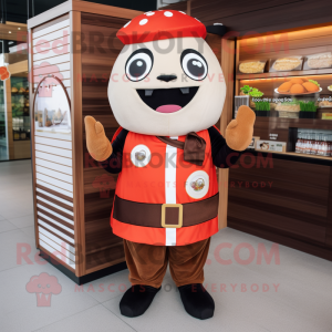 Brown Sushi mascot costume character dressed with a Polo Shirt and Brooches