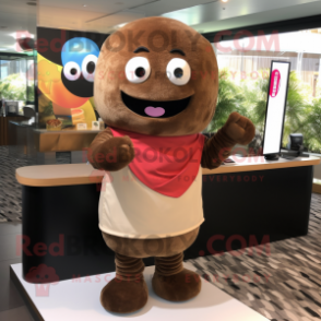 Brown Sushi mascot costume character dressed with a Polo Shirt and Brooches