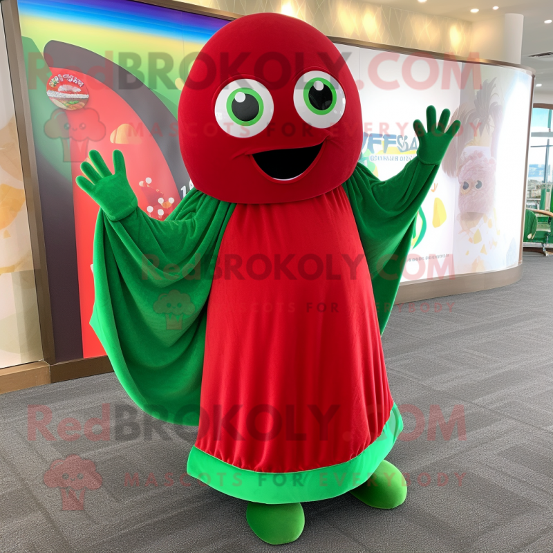 Red Green Bean mascot costume character dressed with a Circle Skirt and Wraps