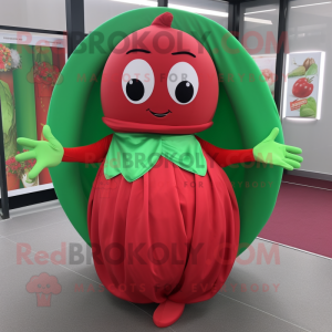 Red Green Bean mascot costume character dressed with a Circle Skirt and Wraps