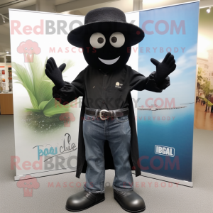 Black Pho mascot costume character dressed with a Bootcut Jeans and Hat pins