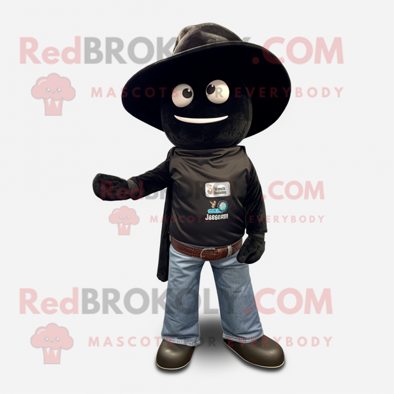 Black Pho mascot costume character dressed with a Bootcut Jeans and Hat pins
