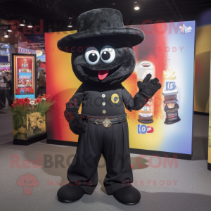 Black Pho mascot costume character dressed with a Bootcut Jeans and Hat pins