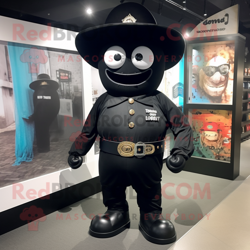 Black Pho mascot costume character dressed with a Bootcut Jeans and Hat pins