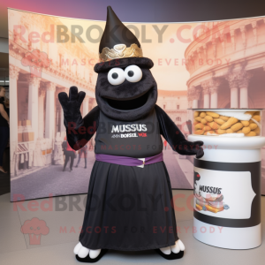 Black Moussaka mascot costume character dressed with a Empire Waist Dress and Keychains