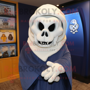 Navy Skull mascot costume character dressed with a Cover-up and Shawls